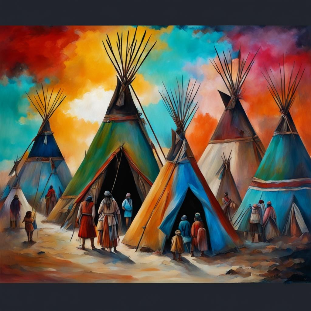 Native American Scene with Teepees and Bison