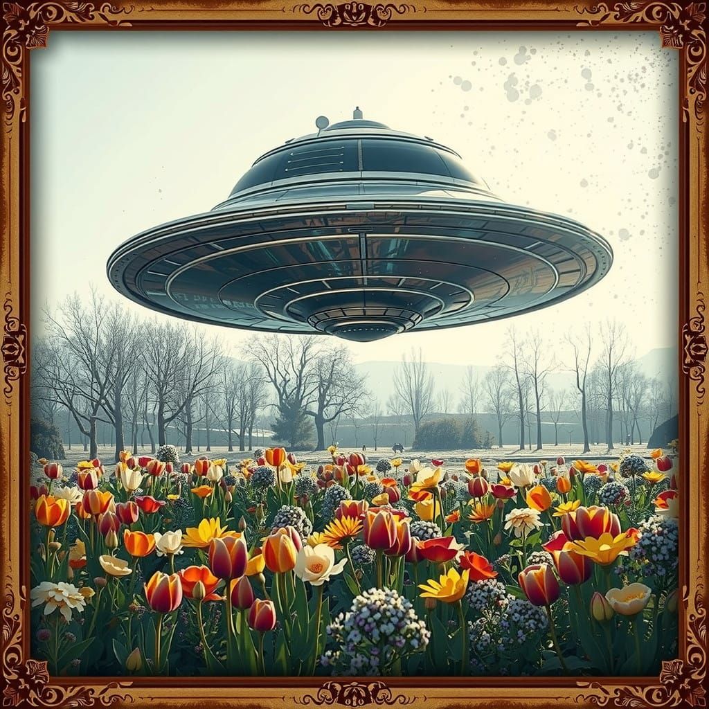 Surreal Winter Wonderland with Metallic UFO Amidst Vibrant B...