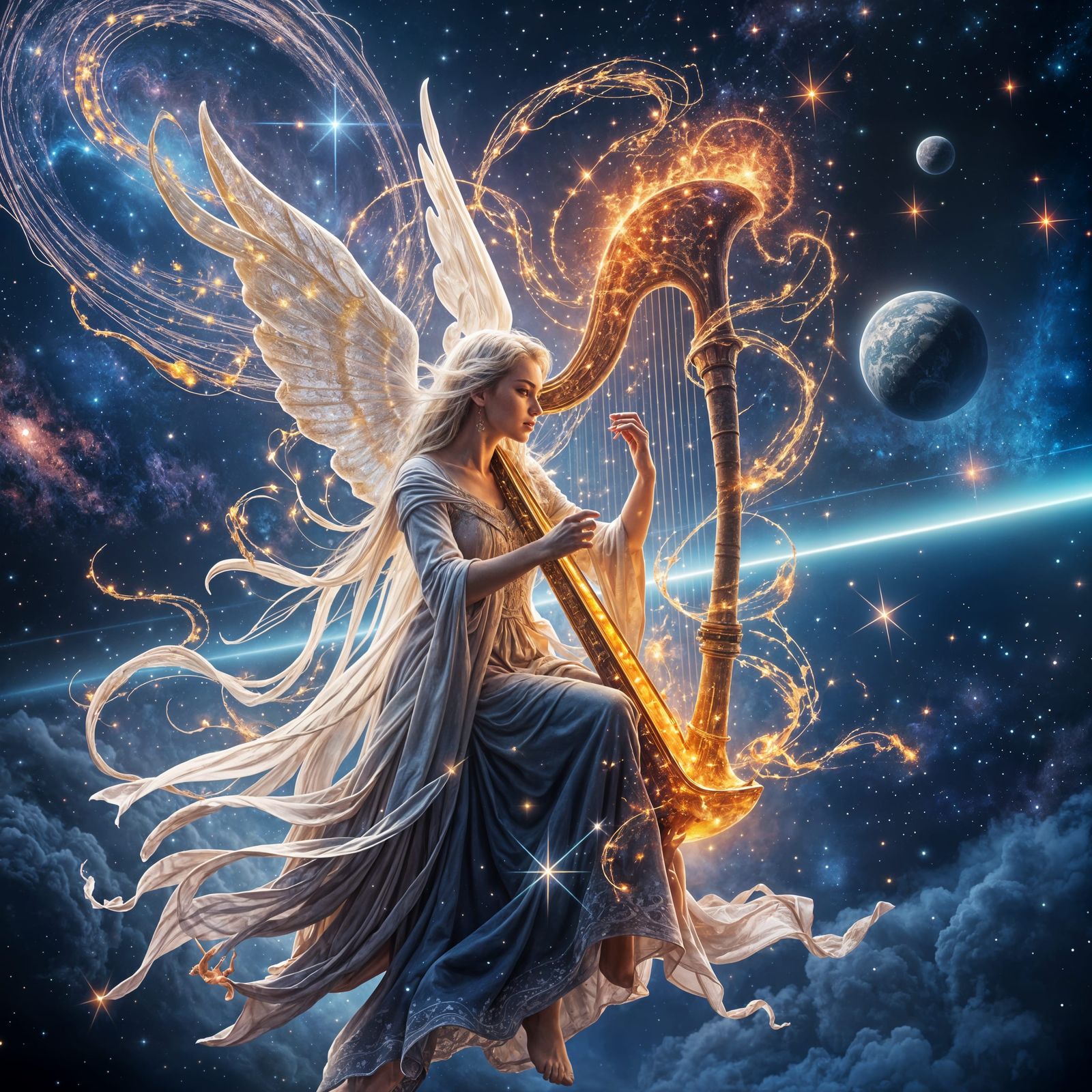 Celestial Being Plays Cosmic Harp in Galactic Hall
