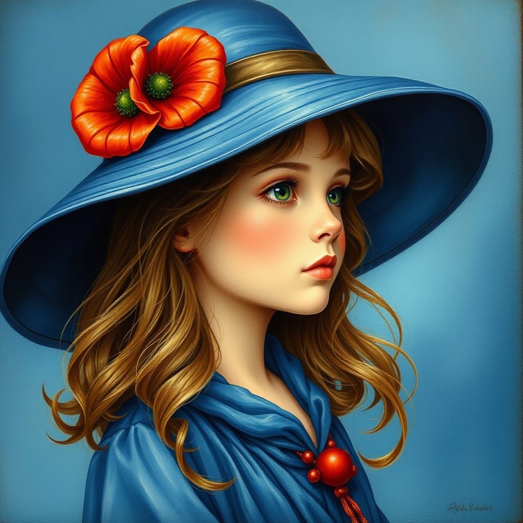 Girl in Blue Hat with Poppies, Ethereal Style