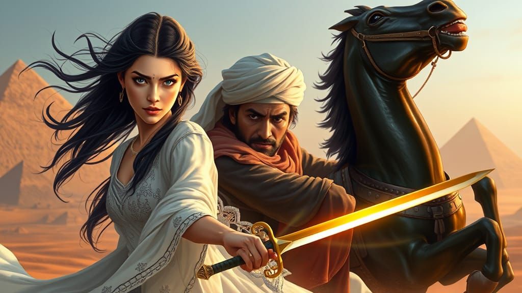 Majestic Arabian Warrior Fairy in Ancient Egyptian Desert