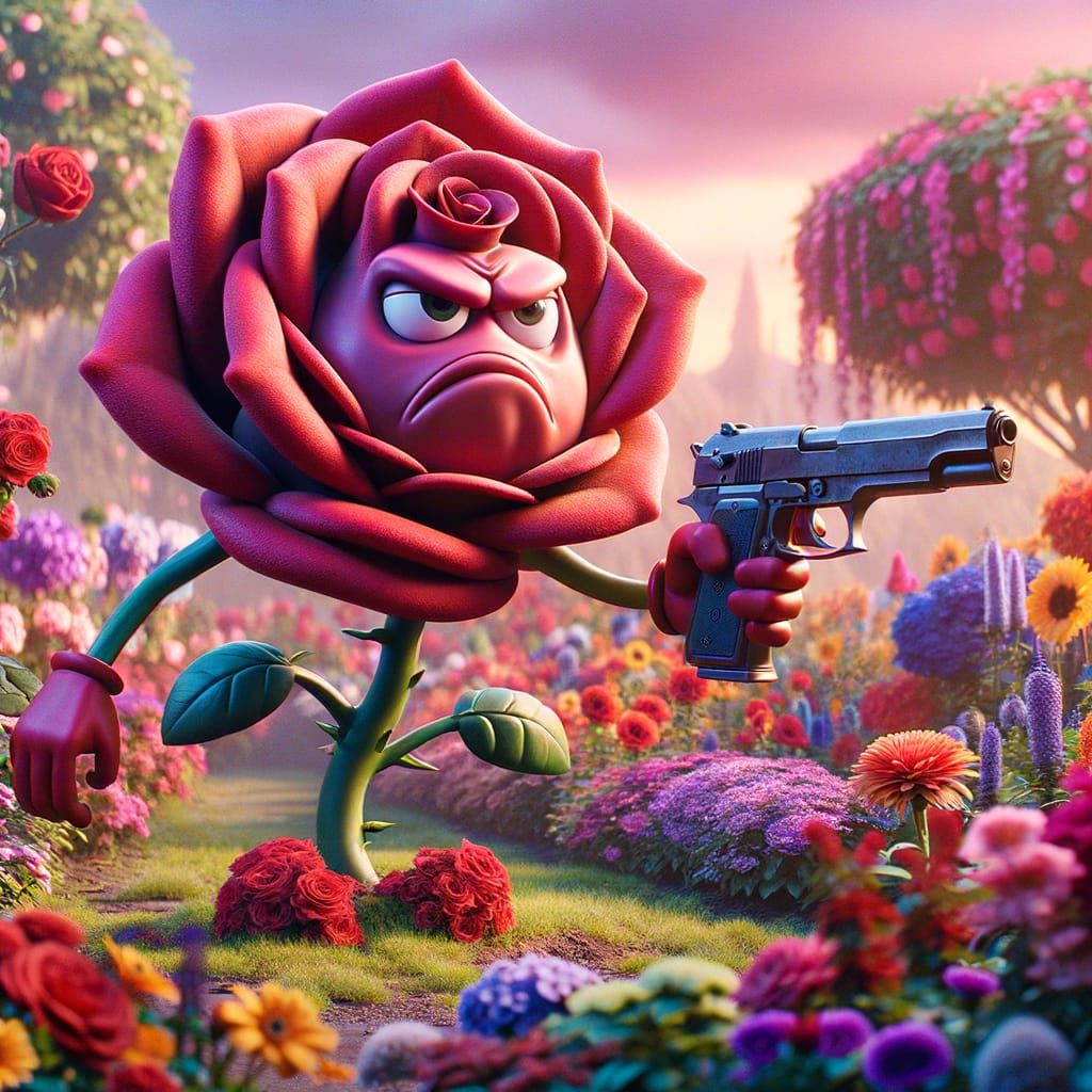Grumpy Rose with Gun in Flower Garden: CGI Art