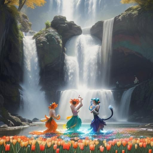 Tulips, Waterfall, and Dancing Cats in Spring
