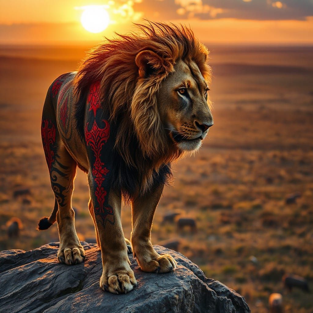 Lion with Tribal Tattoos Standing on Rocky Cliff at Sunset
