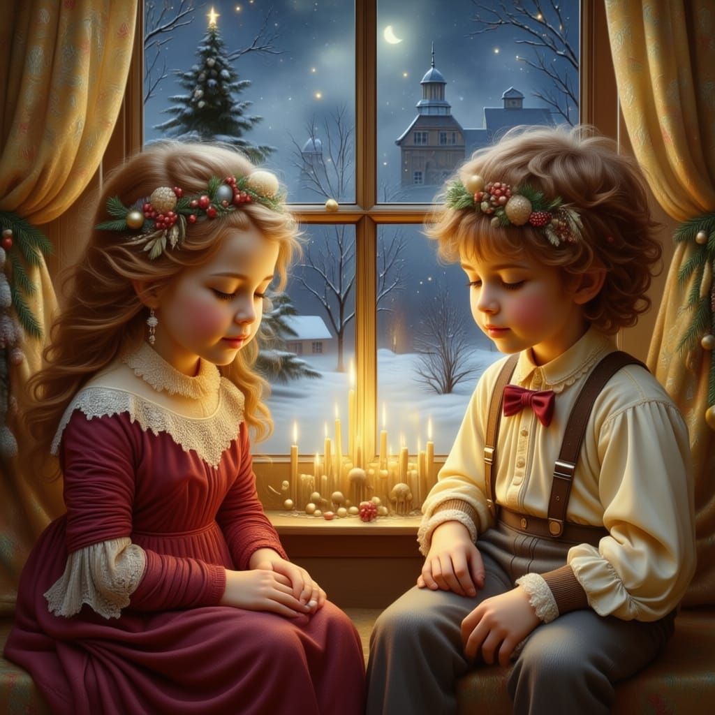 Victorian Children Gaze Through Fogged Window in Oil Paintin...