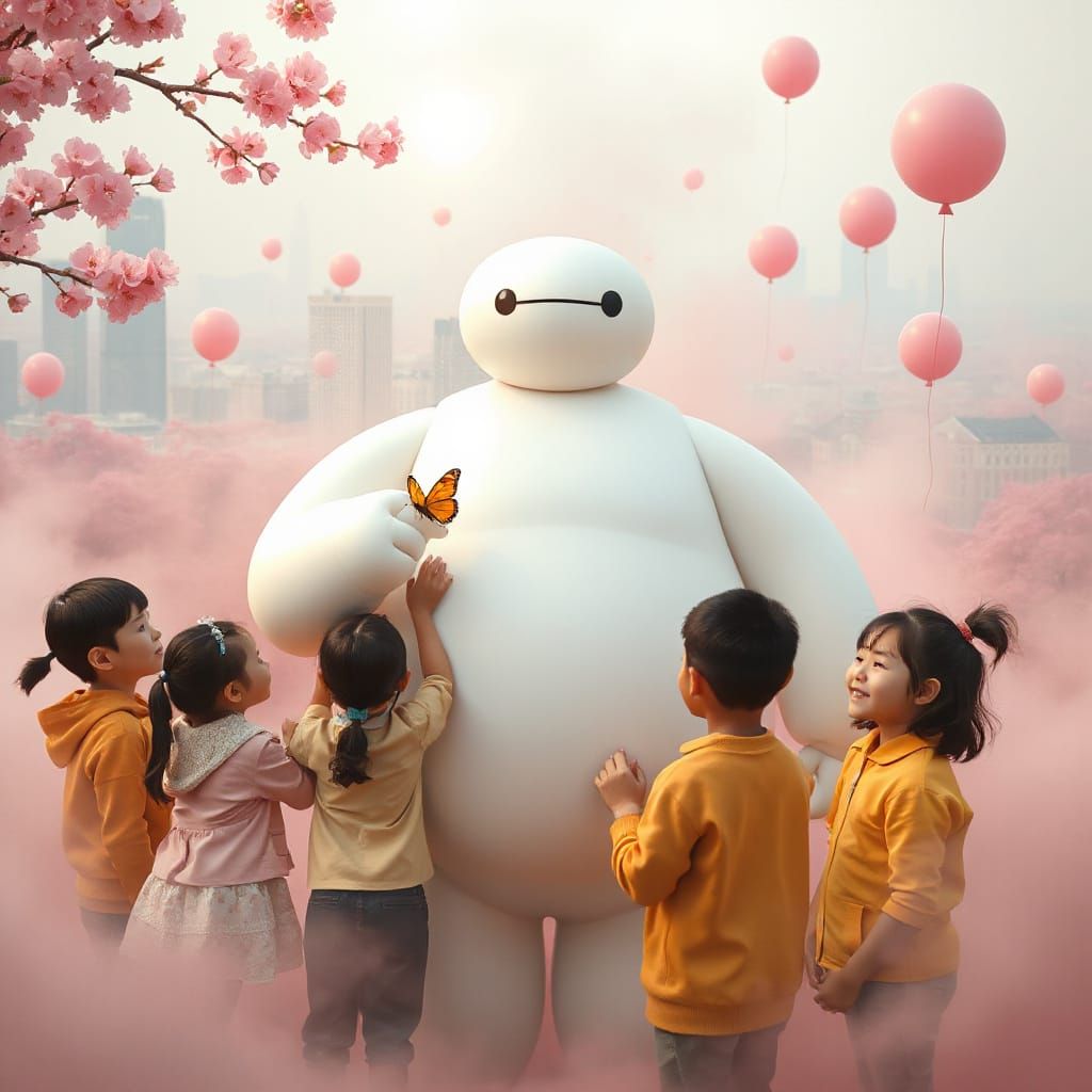 Gentle Robot Baymax Surrounded by Diverse Children in Whimsi...