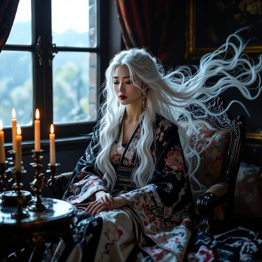 Sorrowful Woman in Opulent Boudoir: Pre-Raphaelite Art