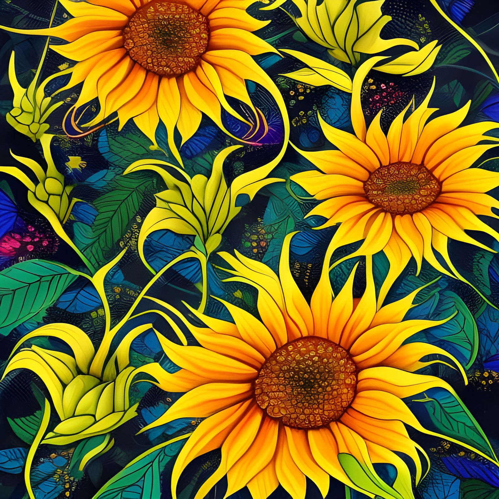 Colorful Sunflowers and Butterflies in Pop Art Style