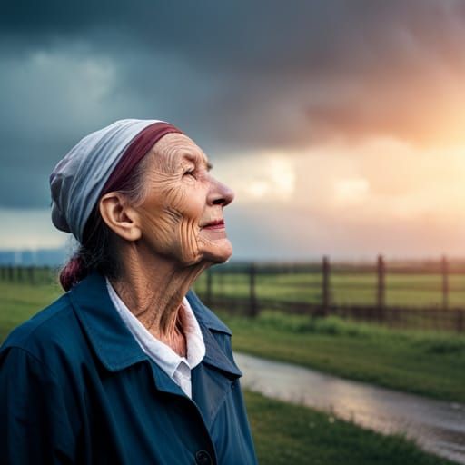 A Beauty Old woman is angry , rain and wind, it seems that no...