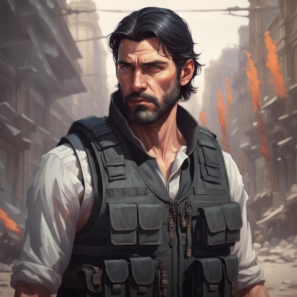 Stern Militia Leader Portrait in Hyperrealistic Style