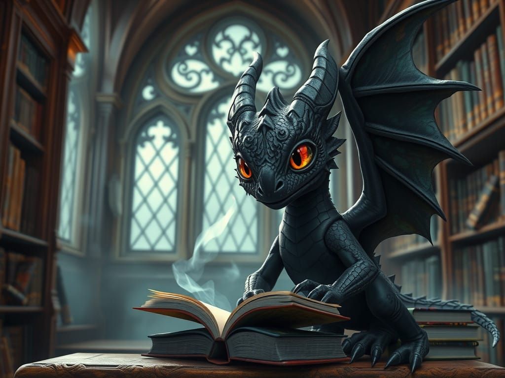 Gothic Baby Dragon in Mystical Library Study
