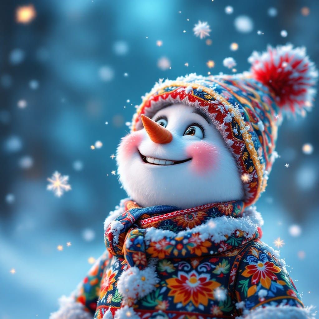 Vibrant Ukrainian Snowman Surrounded by Whimsical Snowflakes...