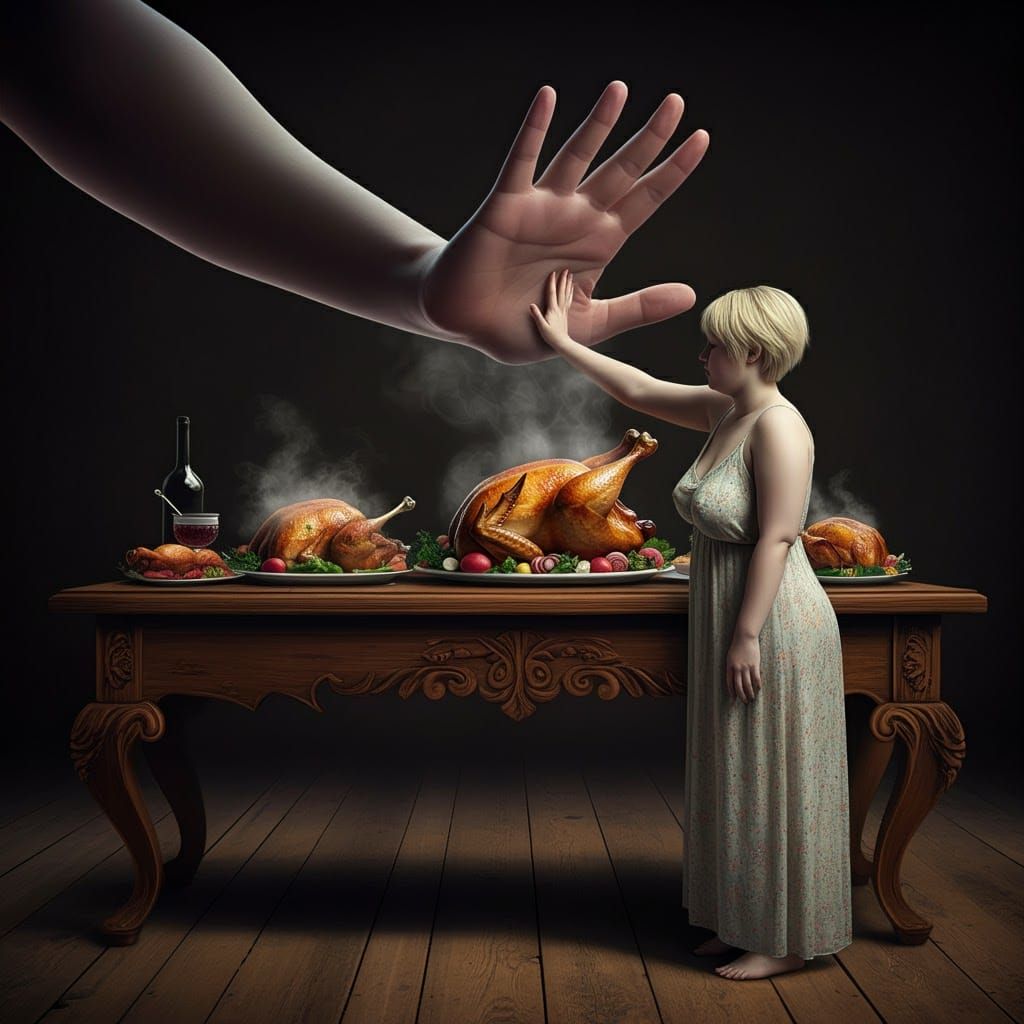 Surreal Hand Prevents Woman from Reaching Food