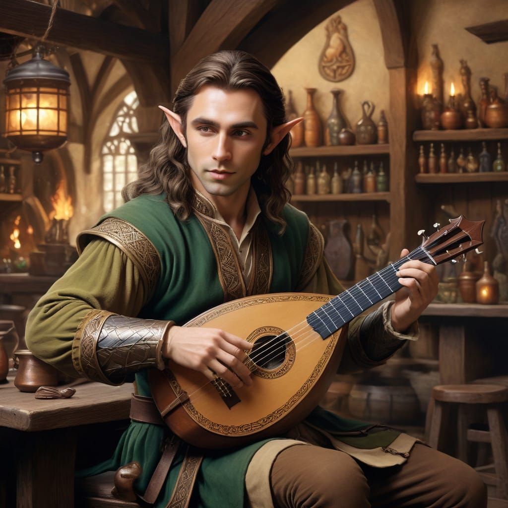 Ethereal Half Elf Bard Performs in Enchanted Tavern