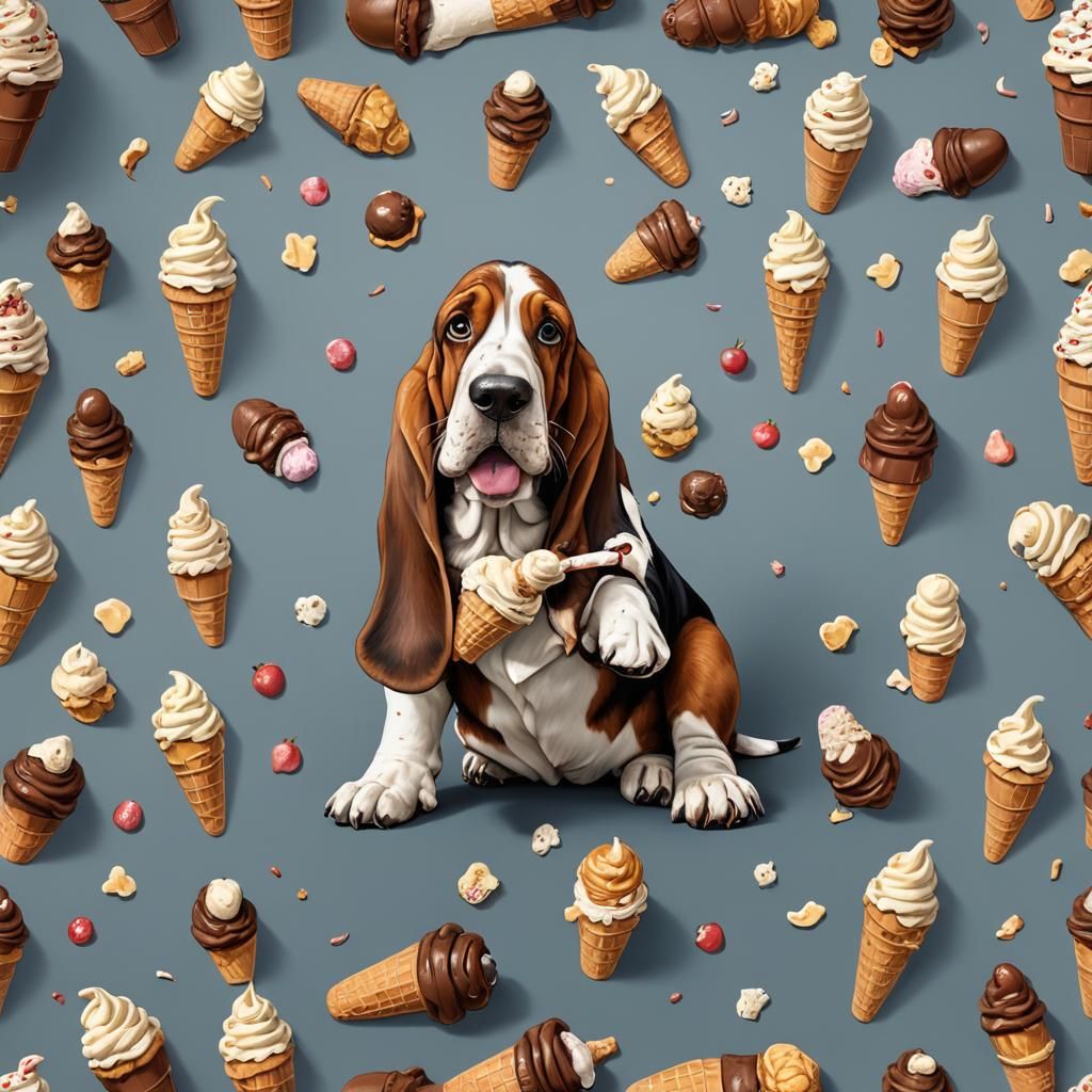 Cartoon Basset Hound with Ice Cream Cones