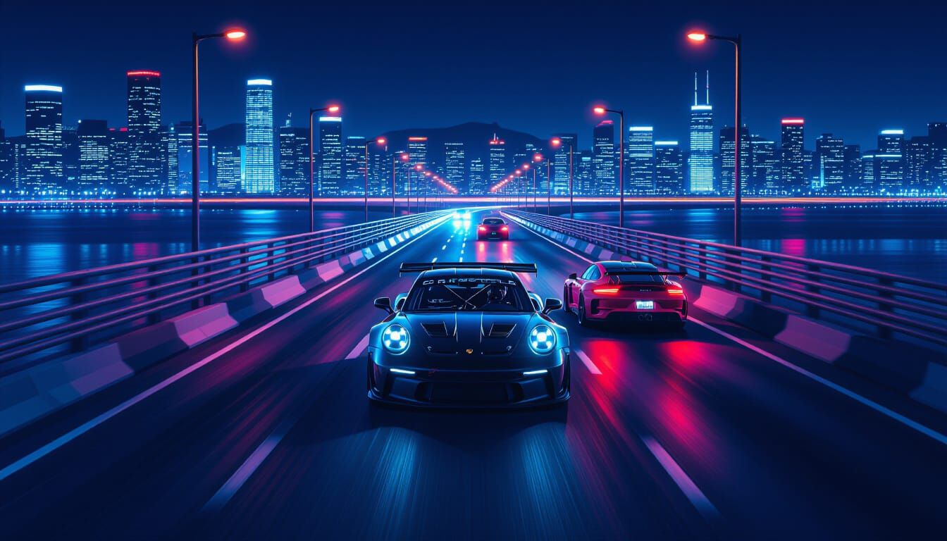 Porsche GT3 RS Races Through Neon Metropolis at Night