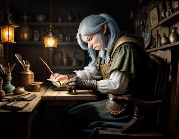 Gnome Repairs Automaton in Dark Fantasy Style