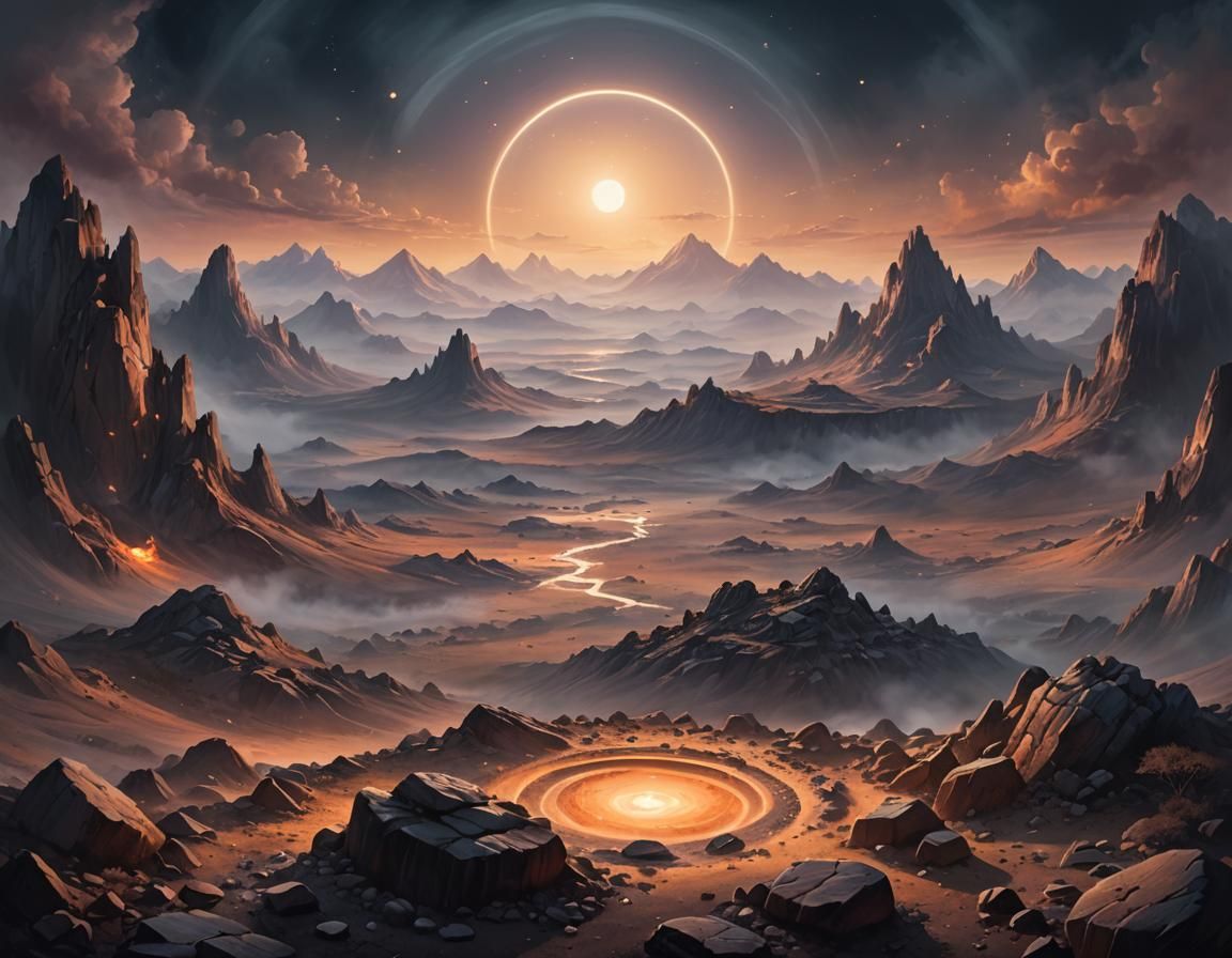 Surreal Circular Landscape with Enigmatic Glow