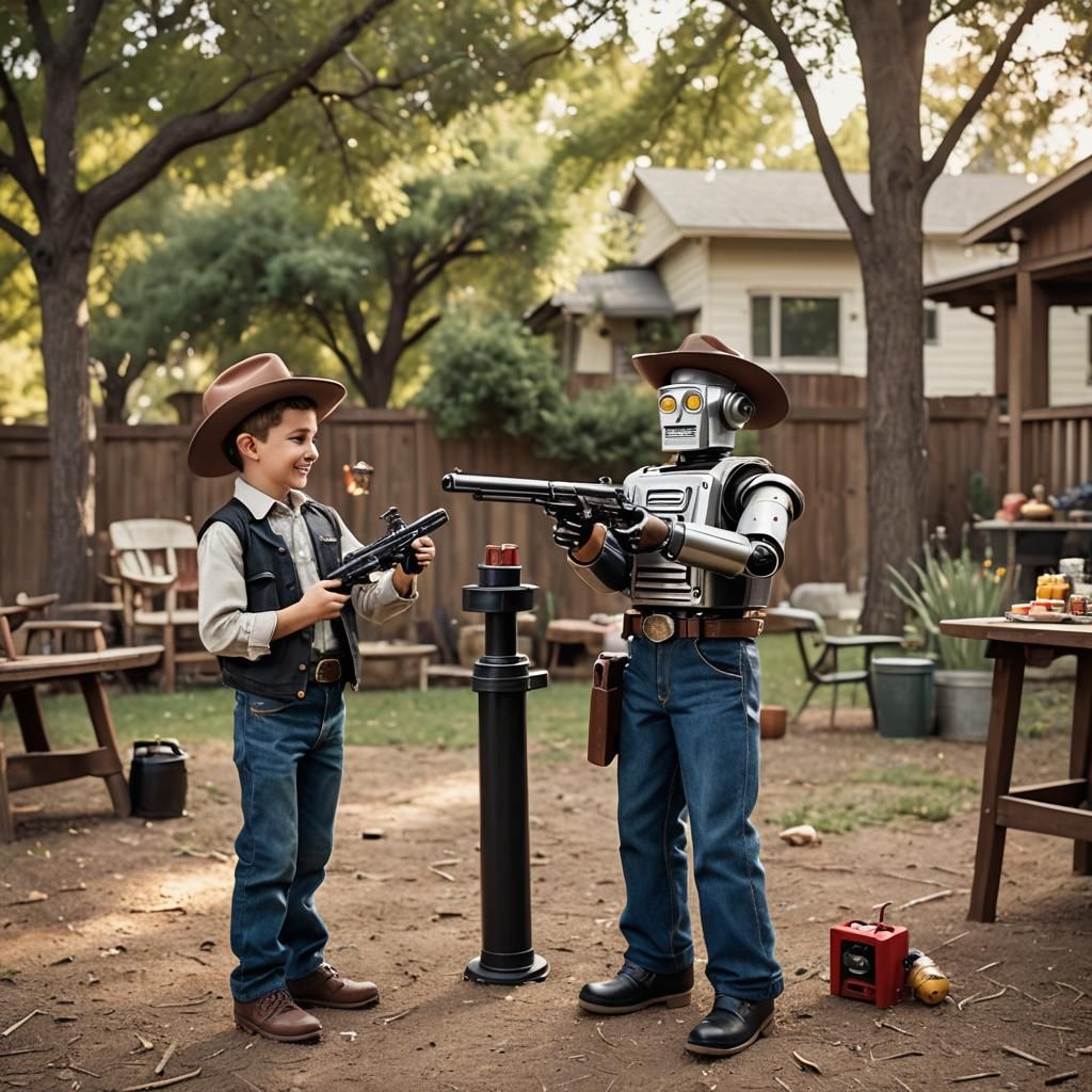 Cowboy Kid Receives Toy Gun From Robot