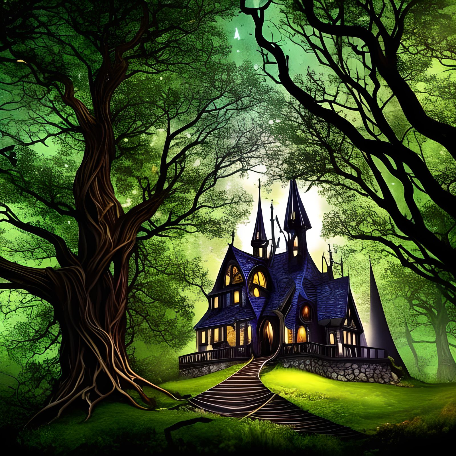 Stained glass  Dark faerie castle in a fantasy forest, starry starry black background,  Sharp contrast, high black point...