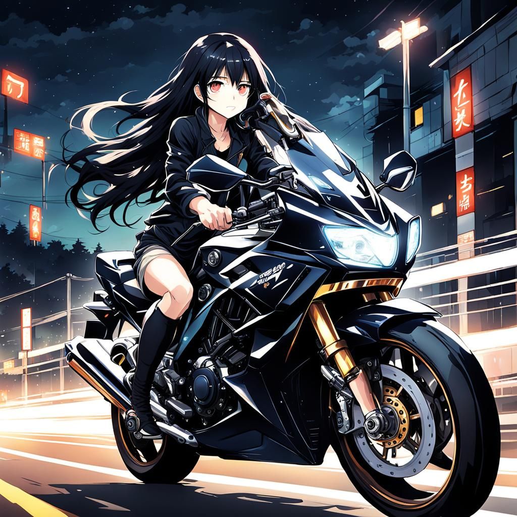 Girl on Motorcycle at Night in Anime Style