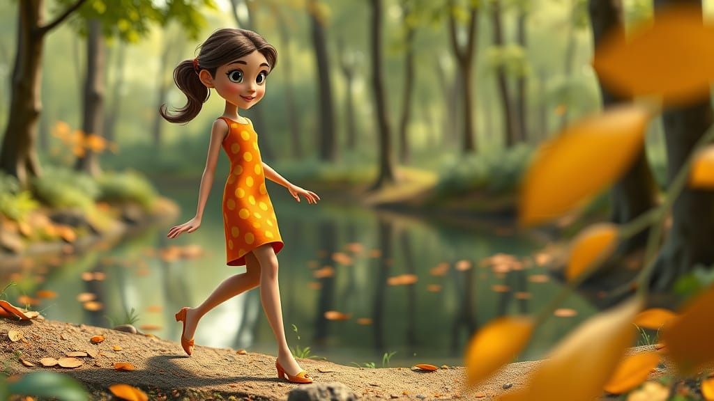 Woman Learning to Walk in Pixar Animation Style