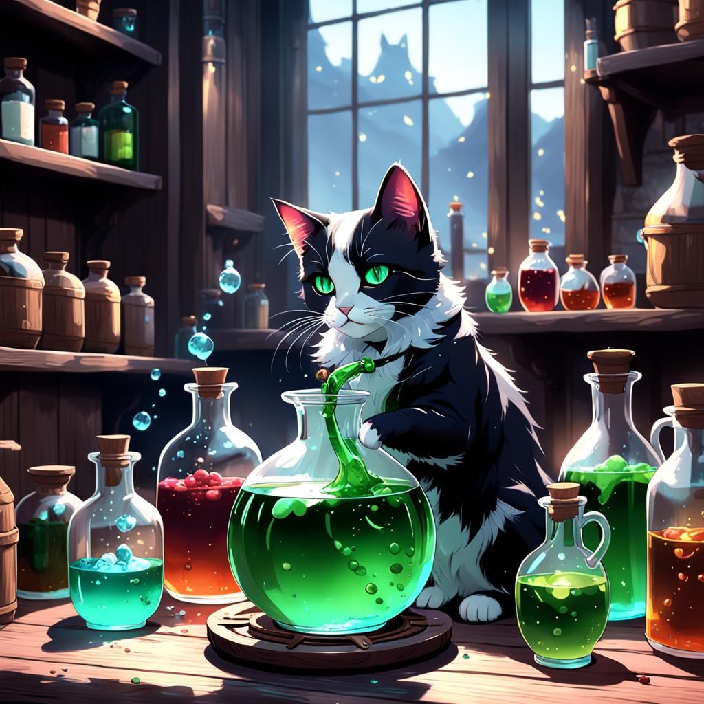 Mystical Feline Alchemist in Anime Style