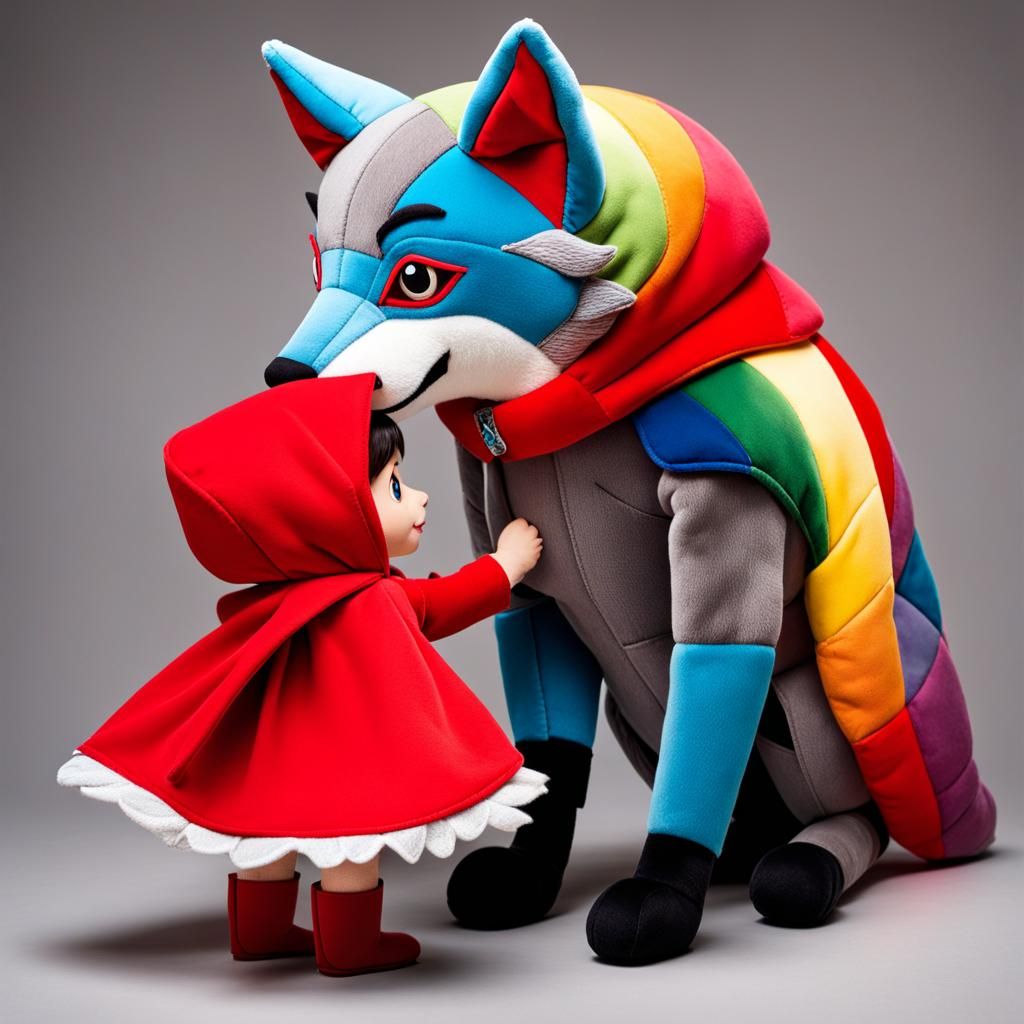 Adult-Human-Sized Patchwork plushy  anthropomorphic wolf  with rainbow tail playing with a human juvenile and Red Ri...