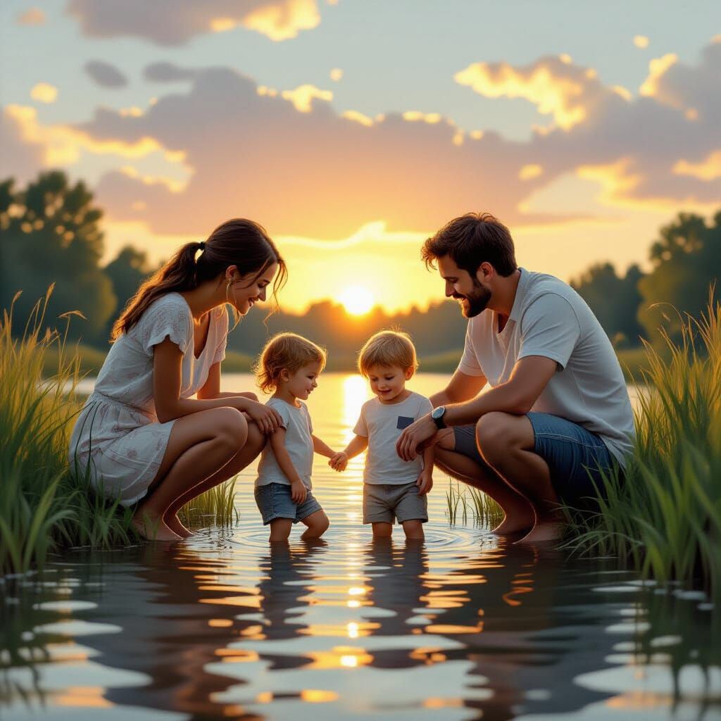 Family Wades in Water at Sunrise, Golden Light