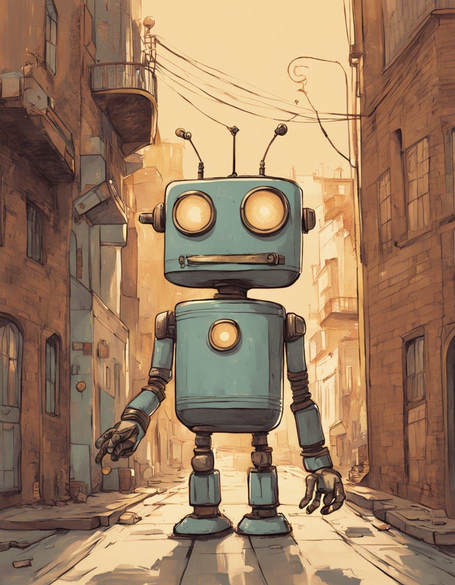 Whimsical Tin Can Robot in Warm, Golden Alleyway