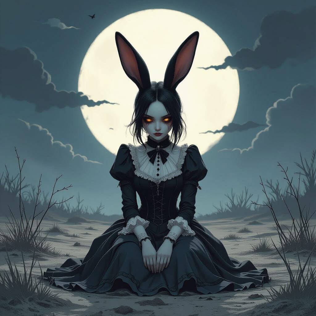 Desolate Bunny Woman in Moonlit Noir Landscape