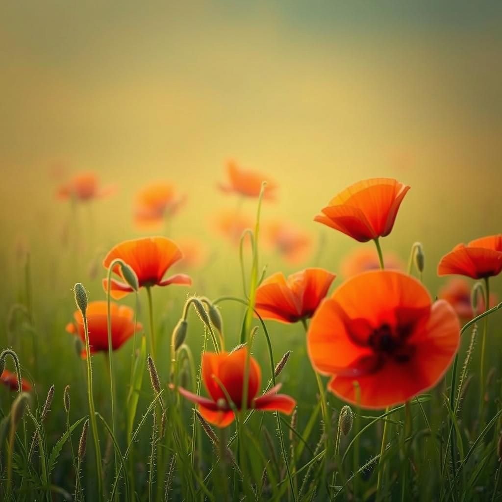 Poppies in Dew-Kissed Meadow at Dawn