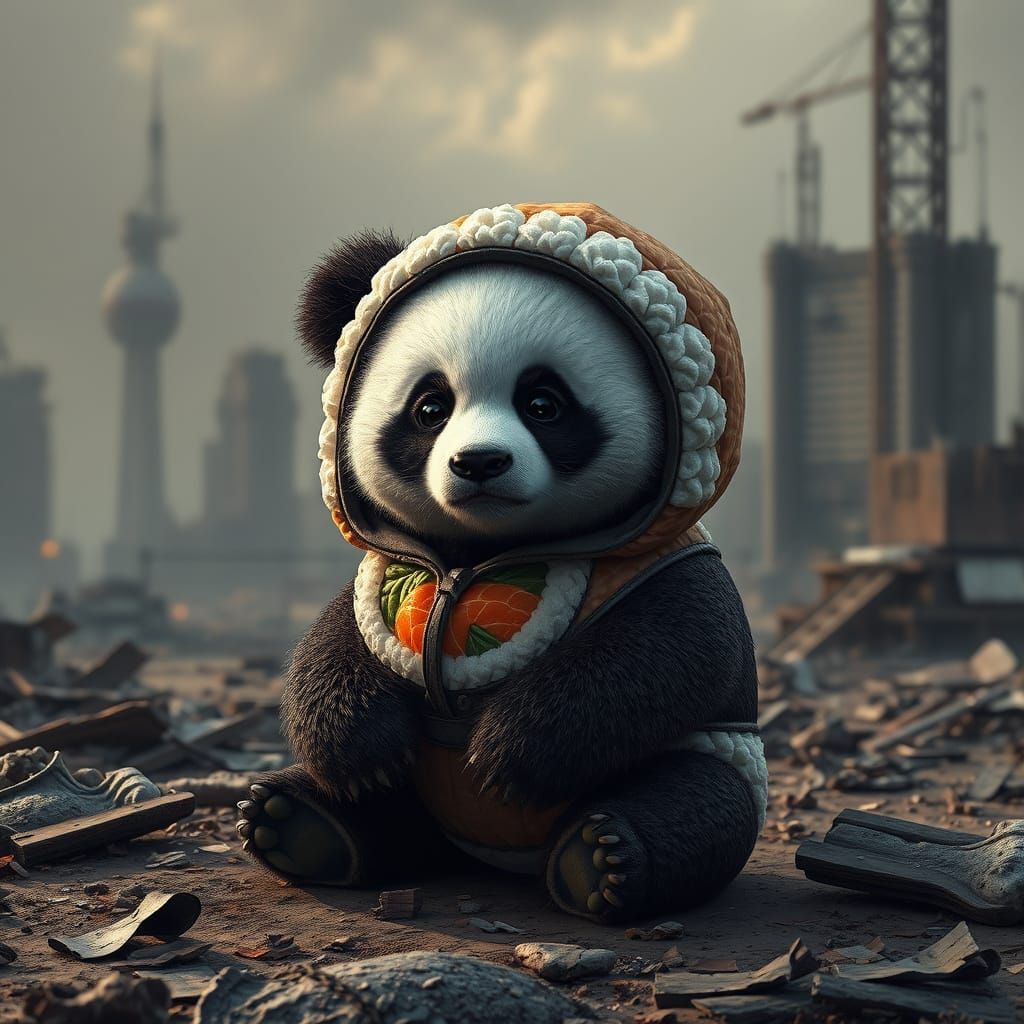 Majestic Panda in Post-Apocalyptic Sushi Roll Costume