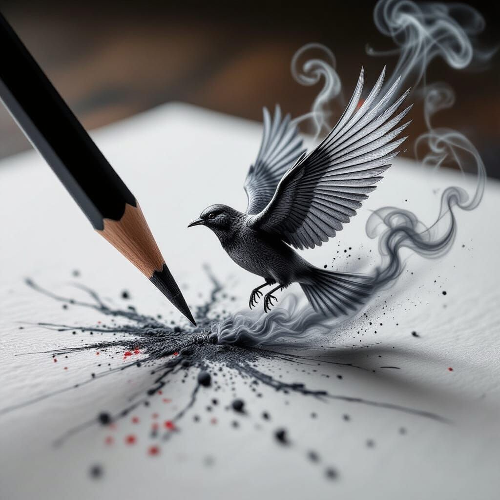 Charcoal Pencil Sketch Transforms into Bird in Macro Photo