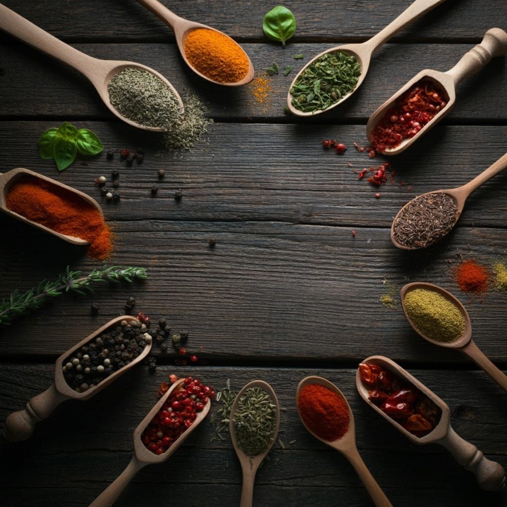 Modern Still Life of Herbs, Seeds, and Spices in Professiona...