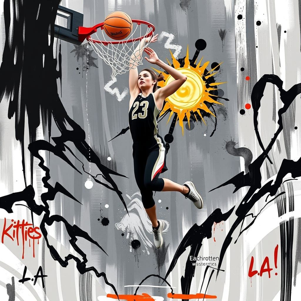 Sporty Catwoman Dunks in Retro-Futuristic Fractal Art