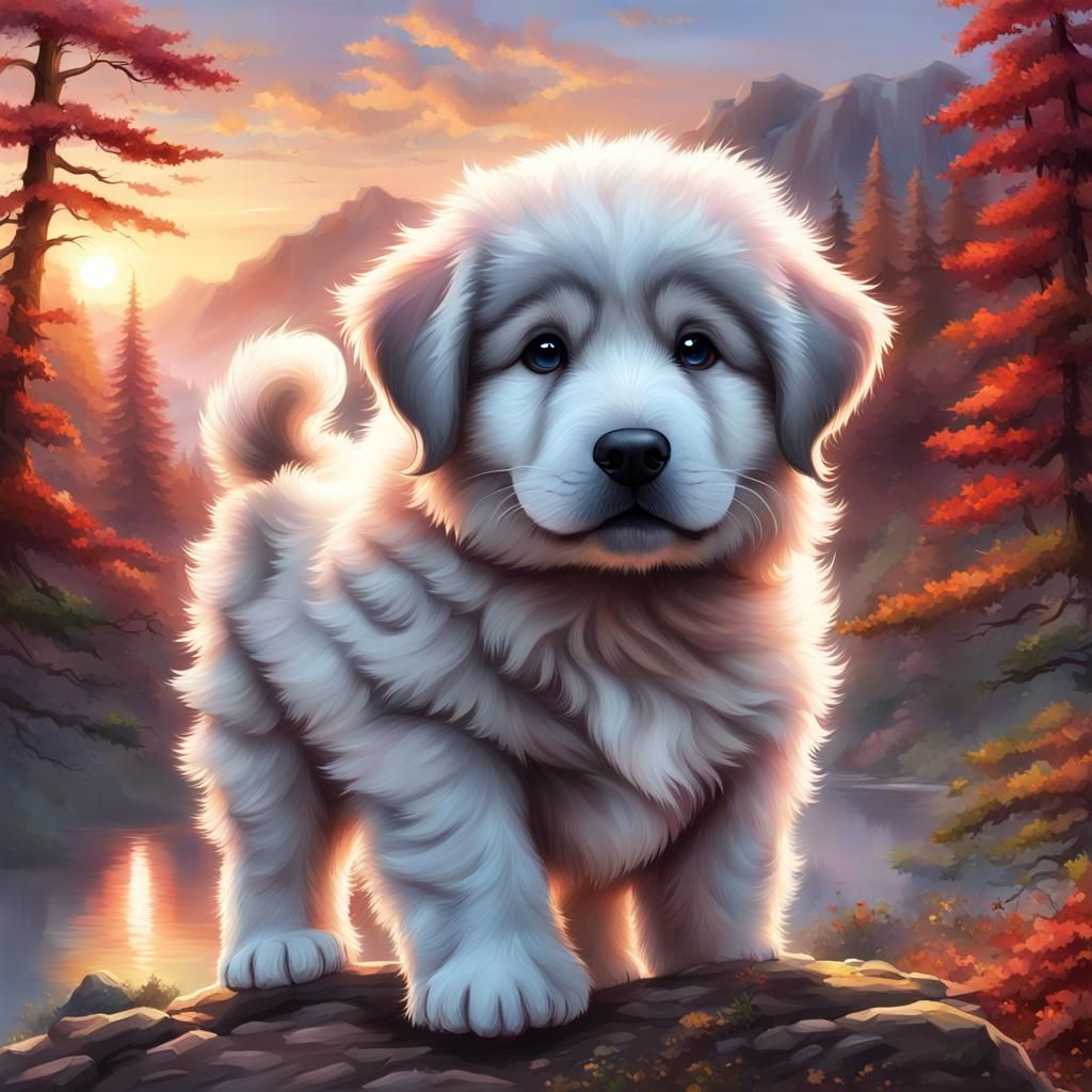Chibi Infant and Pyrenees Puppy at Sunset