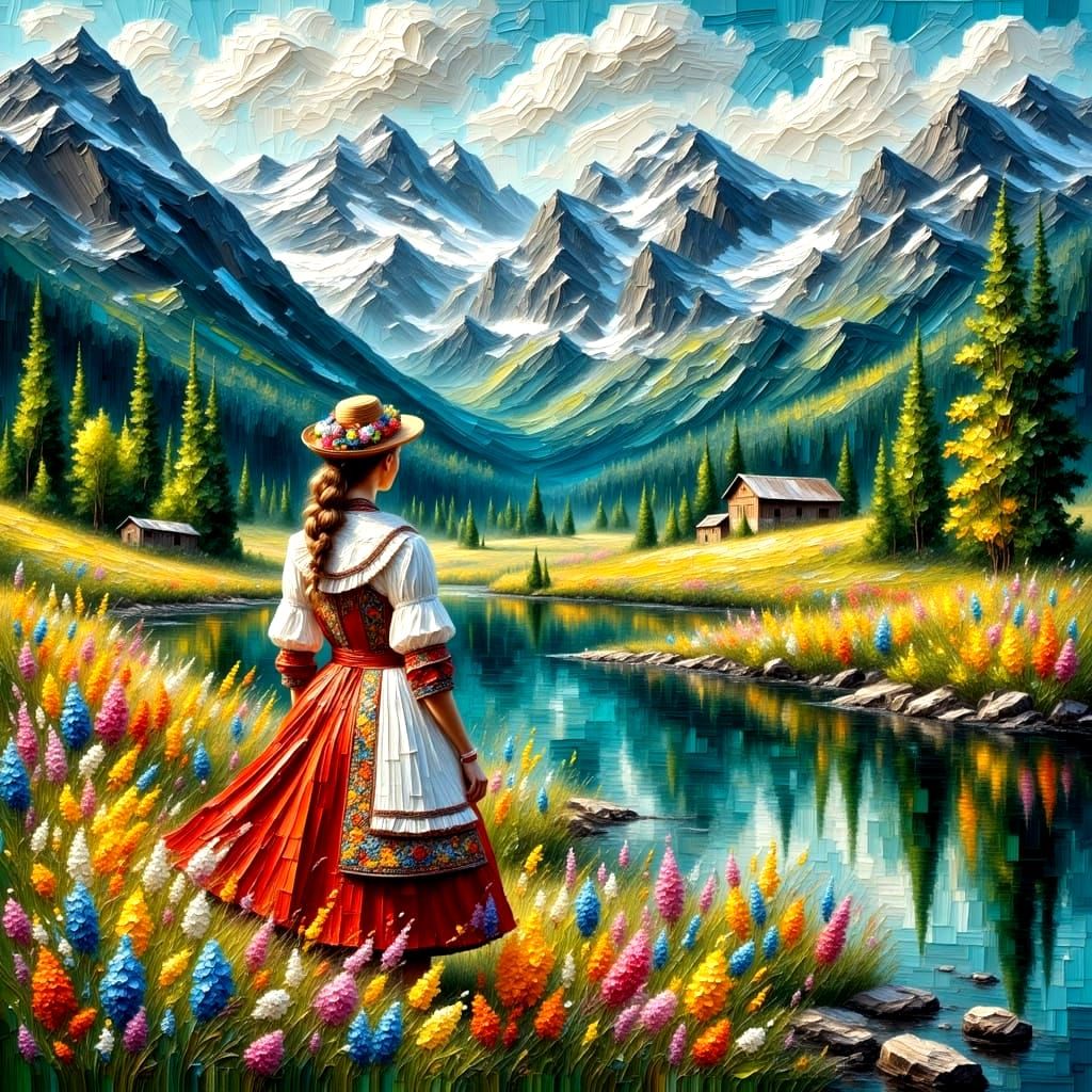 Slovenian Folk Beauty in Impasto Oil Paint Style
