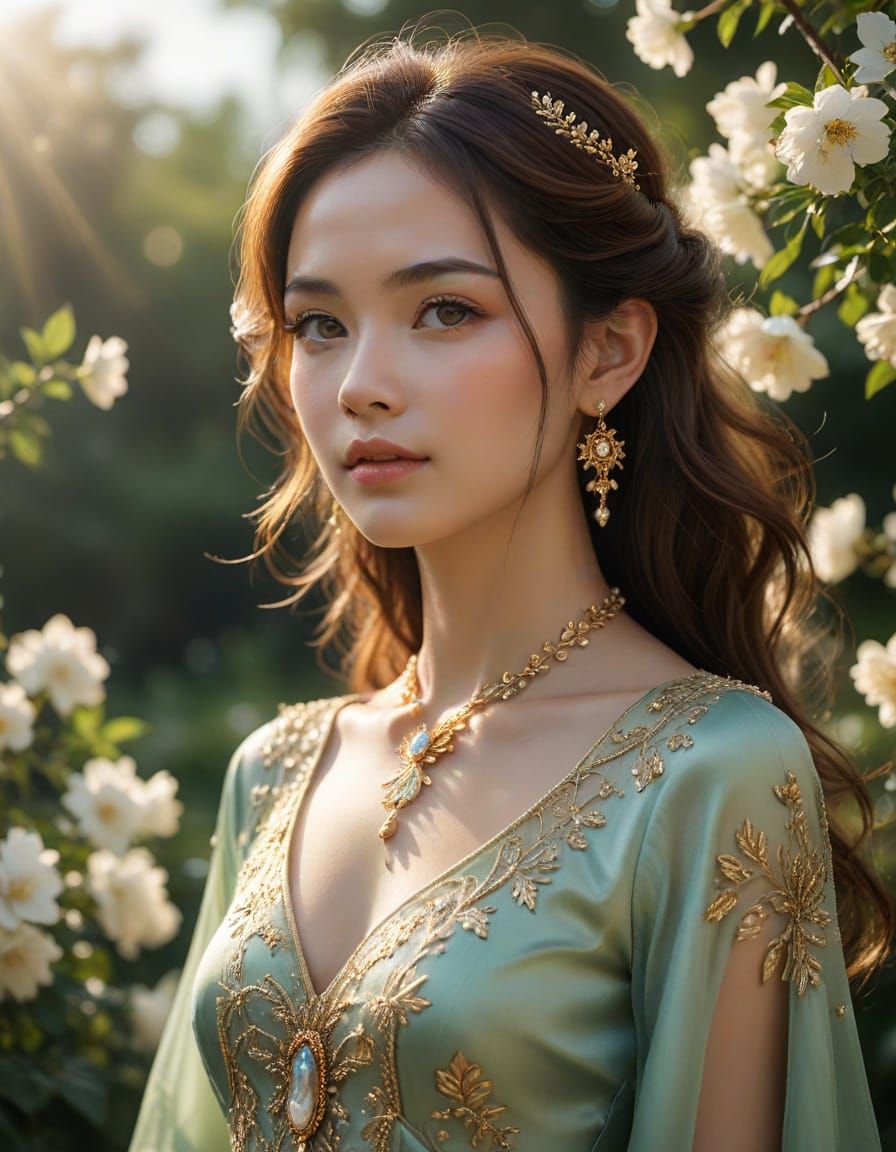 Radiant Woman in Green Silk Gown: Hyper-Realistic Photograph...