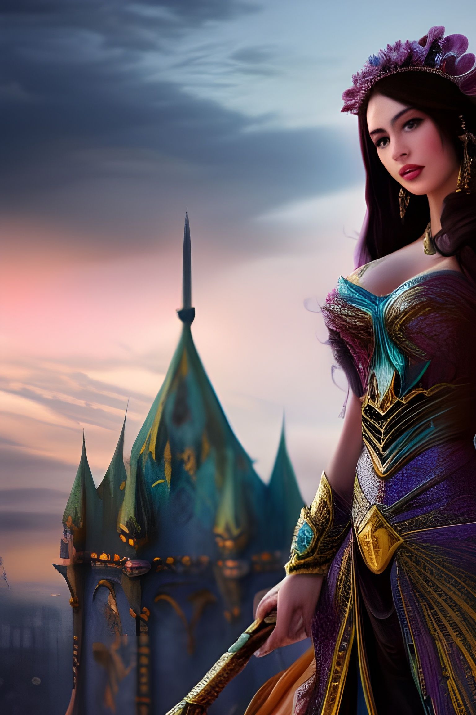 Fantasycore Princess Overlooking Ancient City in Pastel Colo...