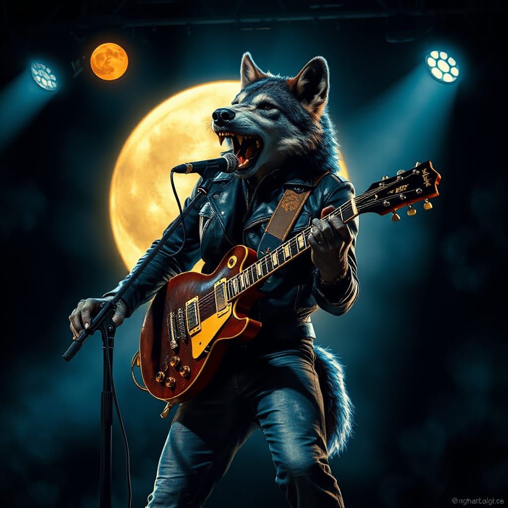 Werewolf Rockstar Howling into Microphone Under Full Moon