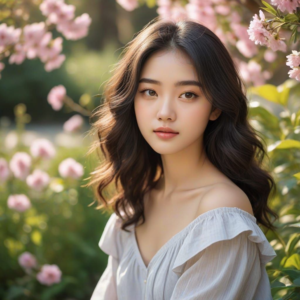 Serene English-Korean Teen Girl in Vibrant Garden Portrait