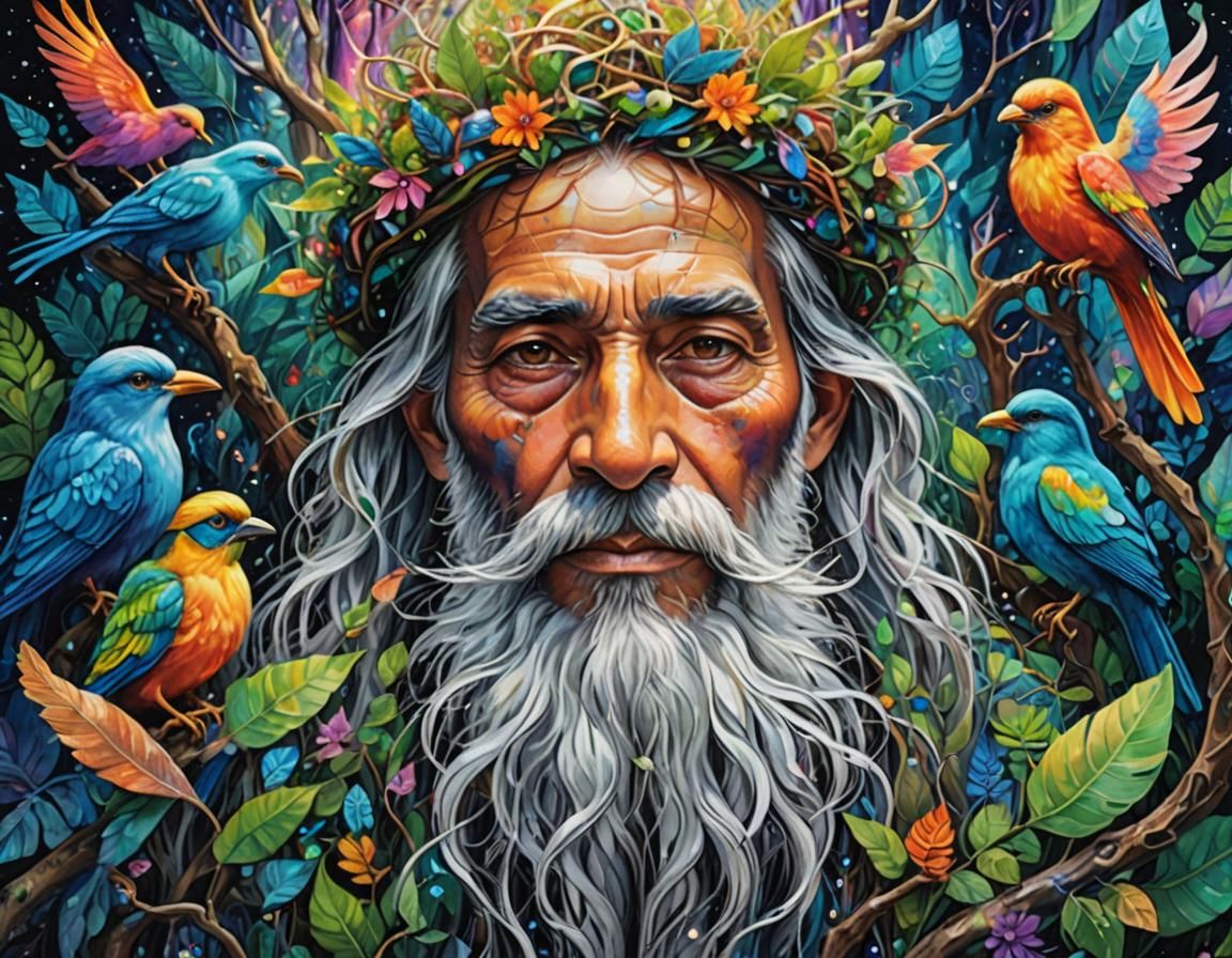 Cosmic Elder's Luminous Beard in Mystical Forest