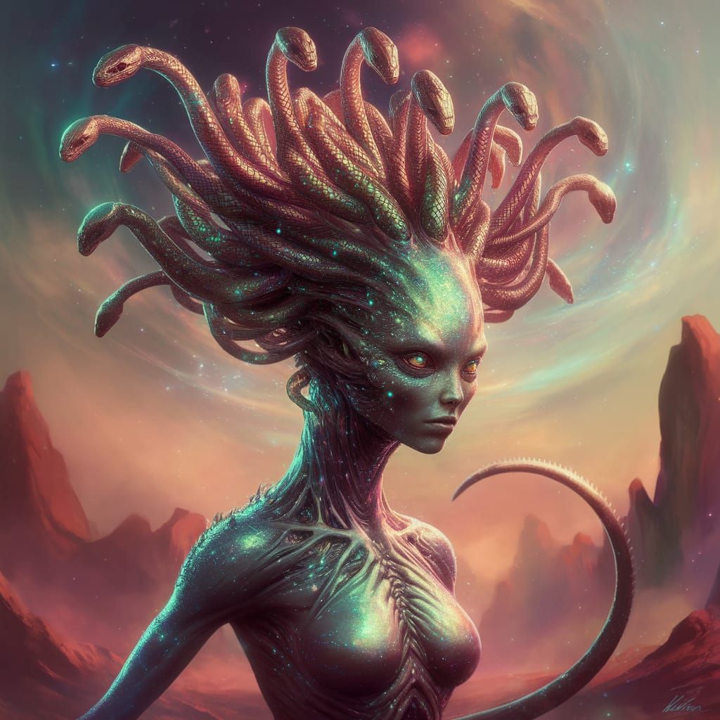 Surreal Alien Serpent King Reigns in Cosmic Landscape