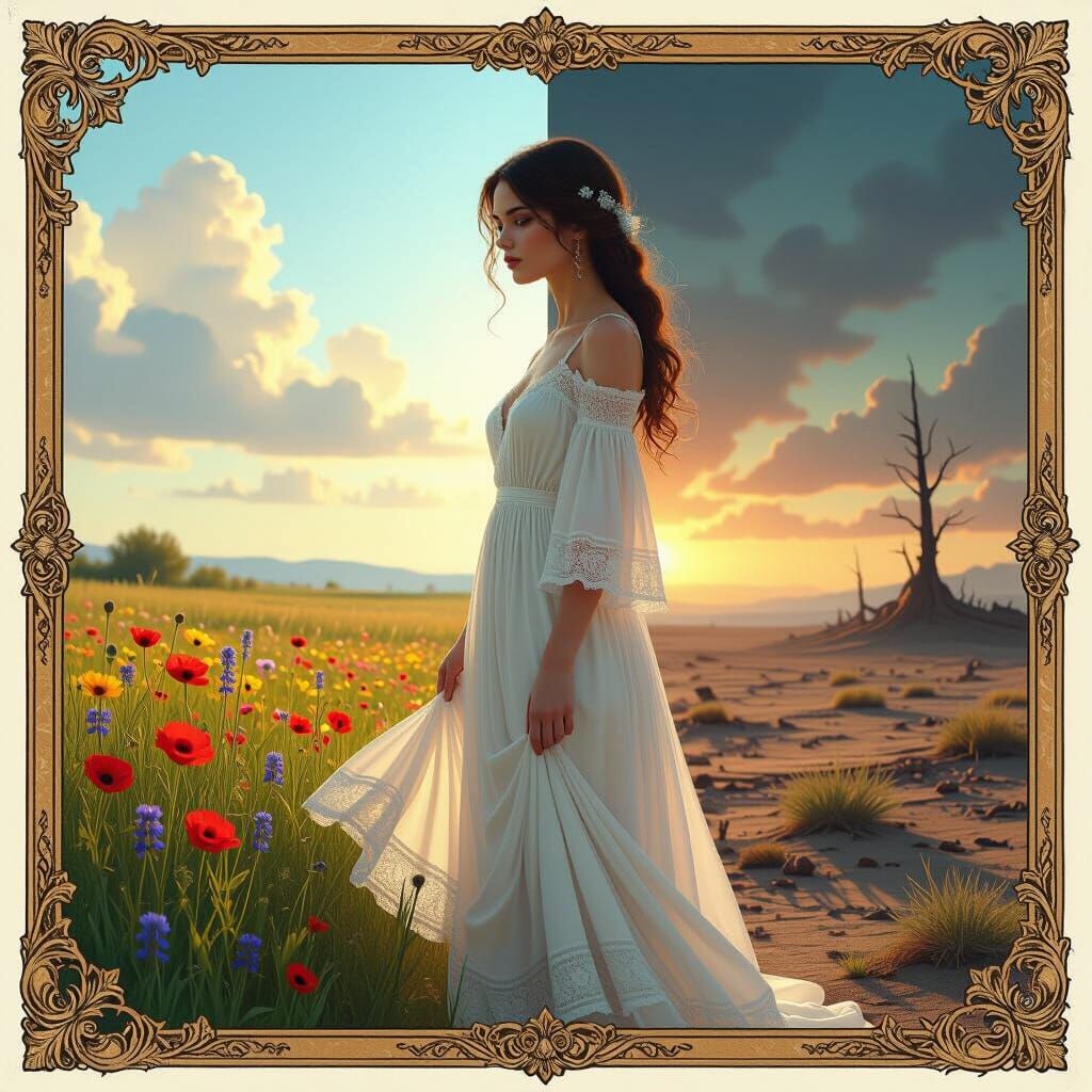 Woman at Threshold: Meadow vs. Wasteland in Hyperrealistic S...