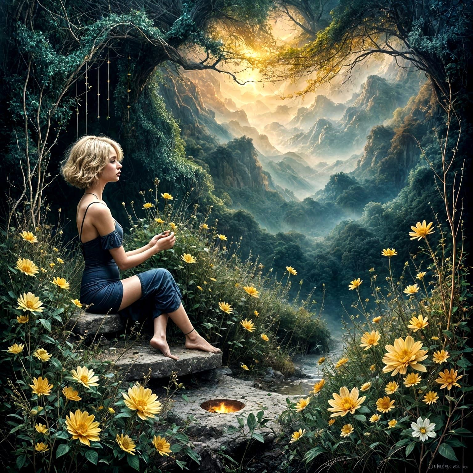 Dreamscape Portrait with Flowers and Musical Grids