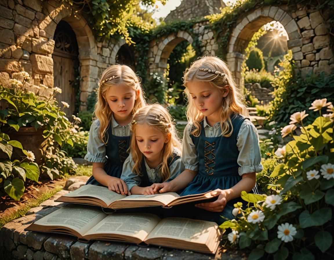 Magical Twins Reading in a Dreamy Garden