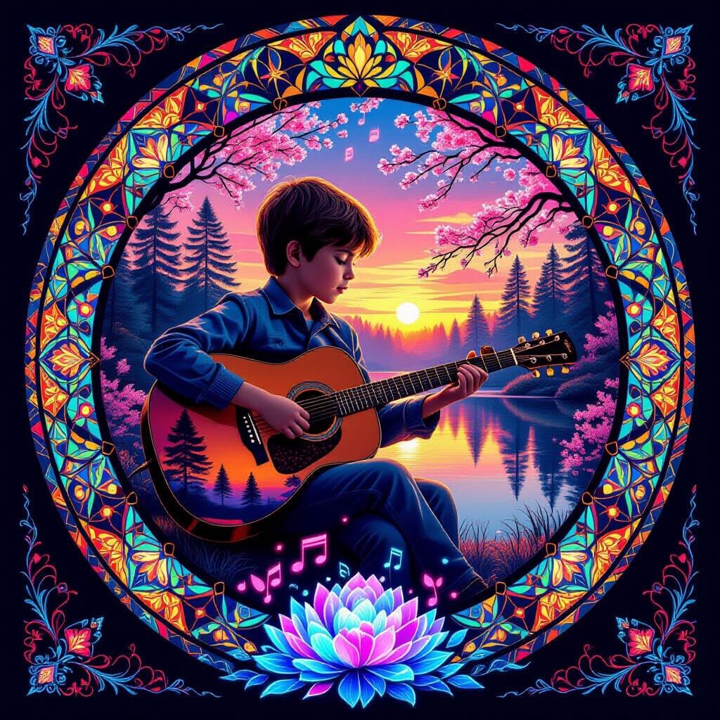 Surreal Boy Playing Guitar with Sunset Double Exposure