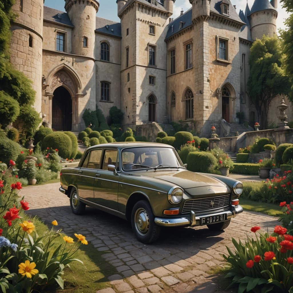 Peugeot 404 in Castle Garden: Hyperrealistic Splash Art