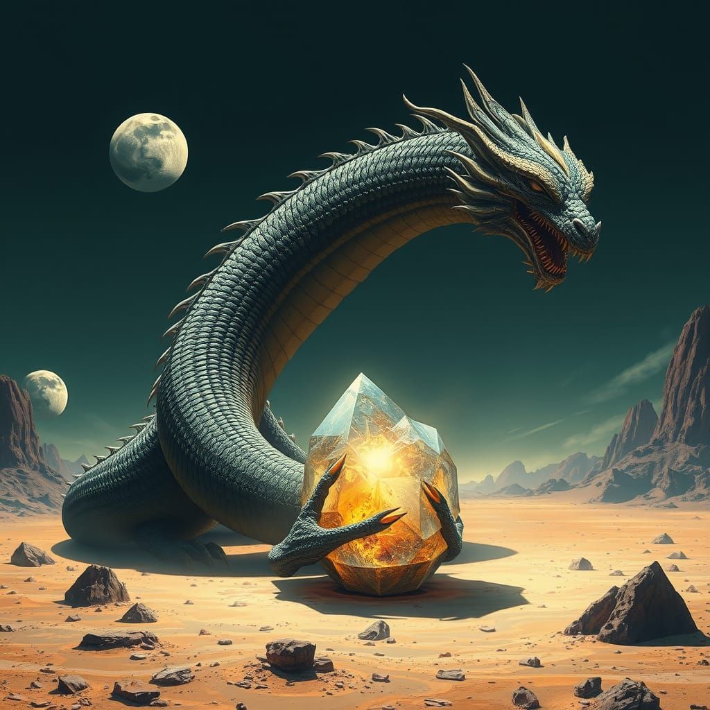 A colossal, ancient dragon coiled around a shimmering, other...